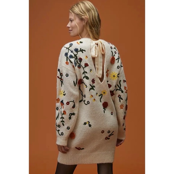 Anthropologie Floral Appliqued Sweater Tunic Dress Alpaca Blend NWT - Picture 5 of 15